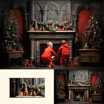 Коледна Червена всекидневна с камина, Детска фотография за възрастни, Декор за детска фотосесия, Ретро Фон Коледа у дома