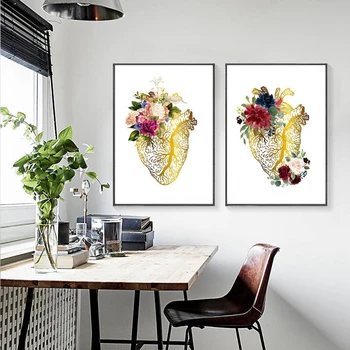 Медицина на човешкото сърце, Анатомия, плакати и щампи, подарък, д-р, сърцето и цветя, художествена живопис върху платно, стени на клиниката, арт декор