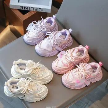 Обувки за момичета; Нова есенна кожена детски спортни обувки за татко с пайети; Универсална обувки за момичета подметка среден размер; Розово-лилава