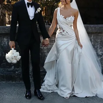 Сватбени рокли с цветен модел с едно рамо, бродирани с мъниста, апликации от 3D цветя, сватбени рокли с копчета, без табли, Vestido De Новия
