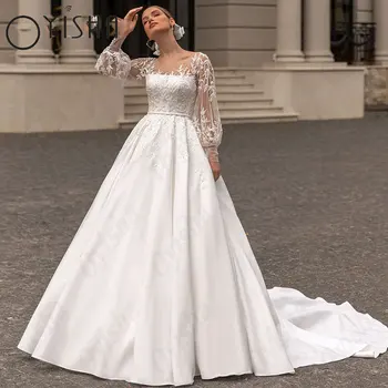 Сватбени рокли трапецовидна форма, с пищни ръкави OYISHA, сатен Класически сватбени рокли за жени, Елегантни апликации, Дантелено сватбена рокля